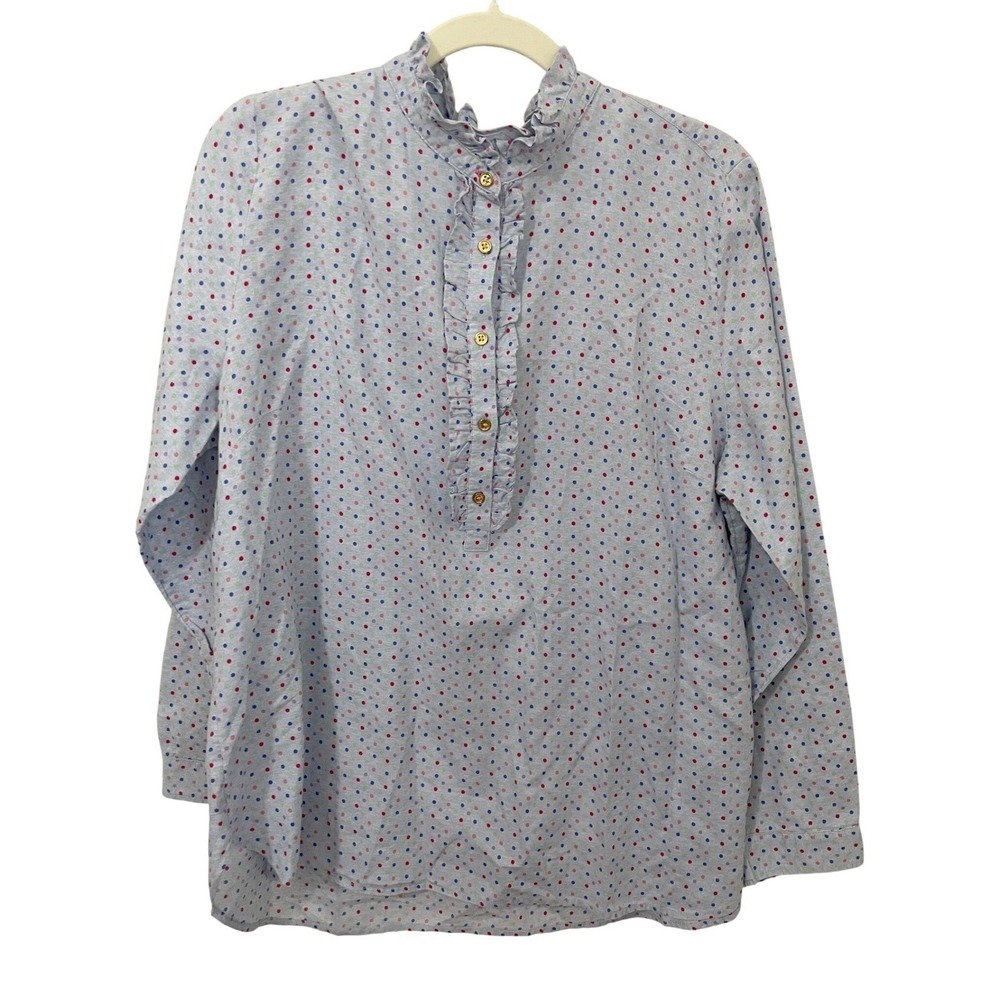 Talbots XL Blue Multi Polka Dot Ruffle Collar Cotton Blouse Top Office Casual